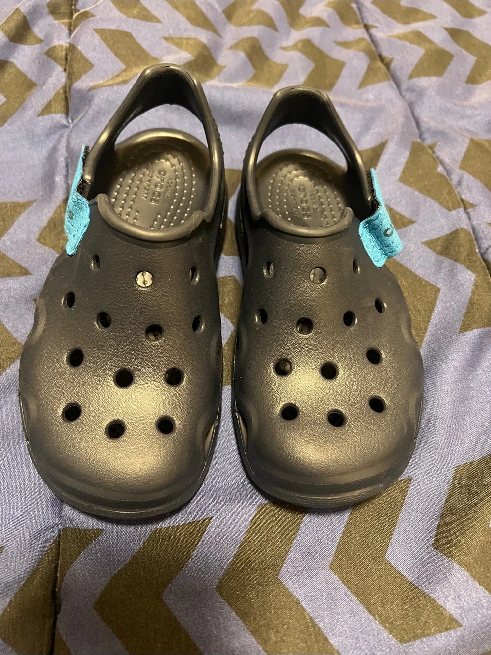 CROCS Kids Black Clogs with Blue Heel Straps